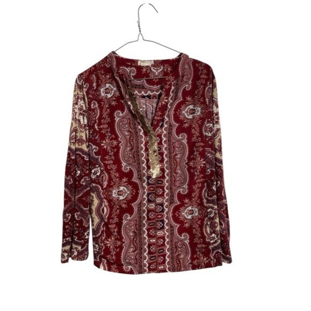 TINY Womens Paisley Sequin Henley Blouse‎ Burgundy Boho Long Sleeve Top Medium